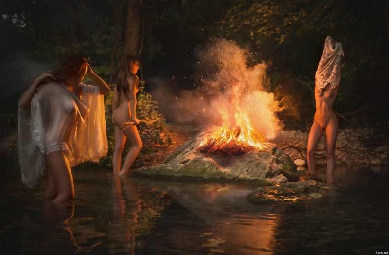 Night fire naked woman