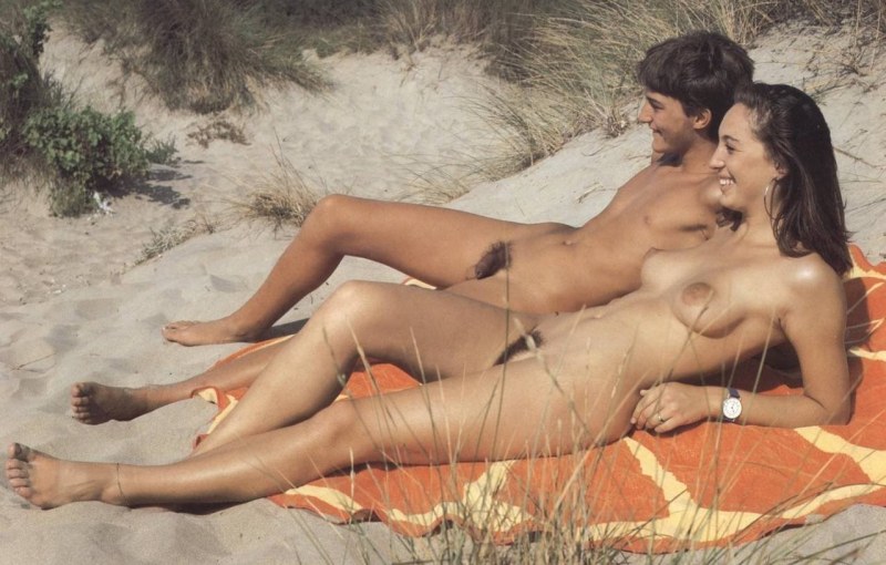Naked women on the beach retro
