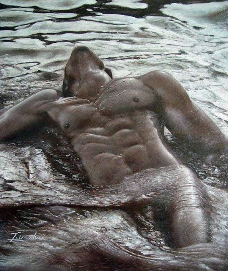 Beautiful naked guys by the water