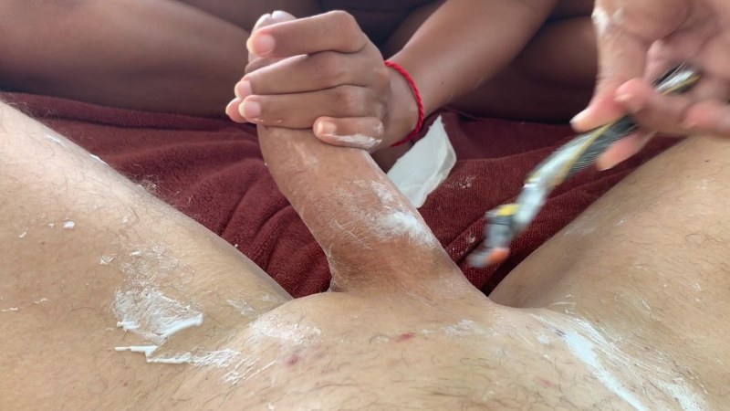 The boy shaves a pubis young dick