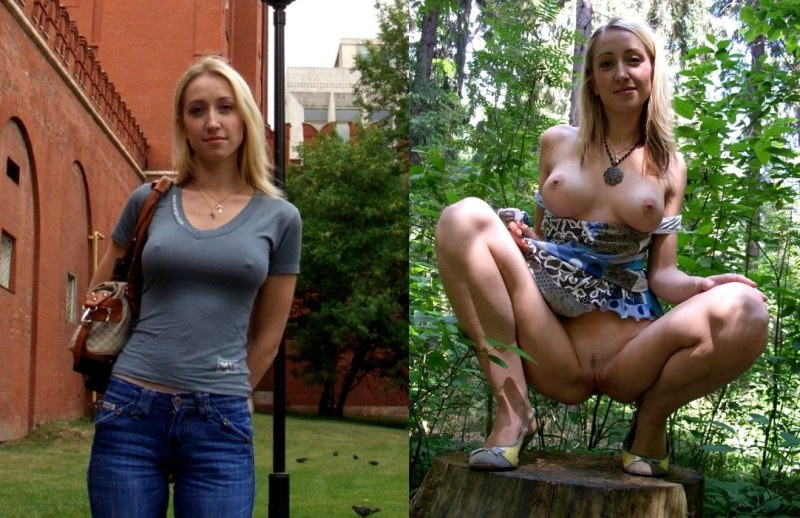 Girls in clothes and without clothes