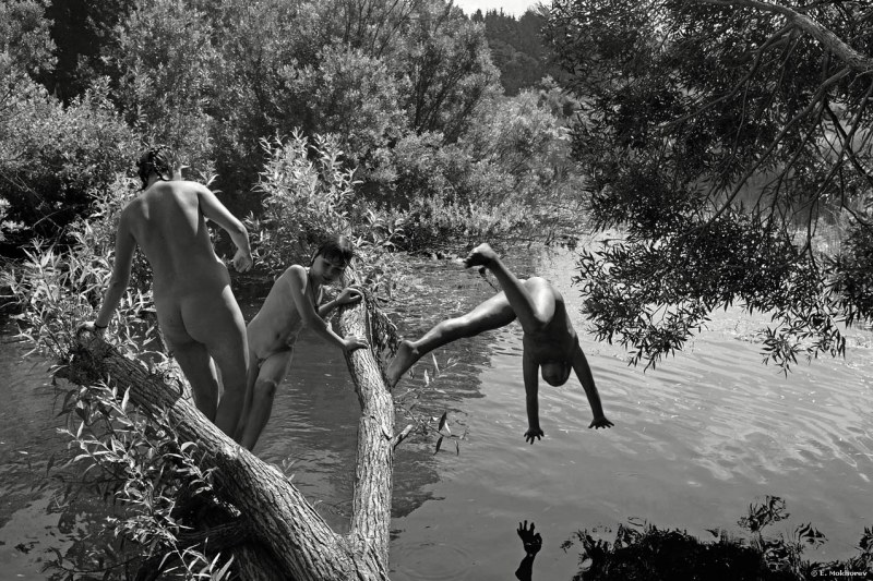 Naked men in the locker room retro