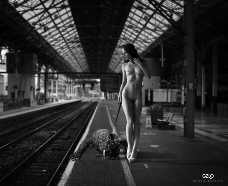 Naked women on the background of the train