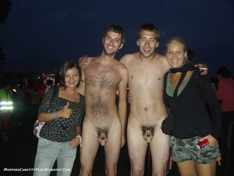 Naked woman among dressed