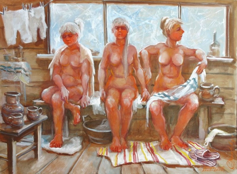 Naked women in a sauna with guys