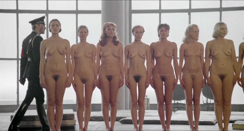 An embarrassed naked woman