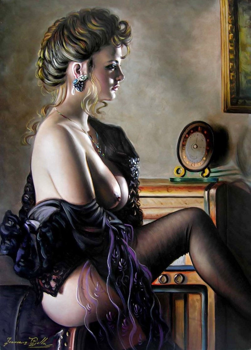 Lesbian in stockings without panties