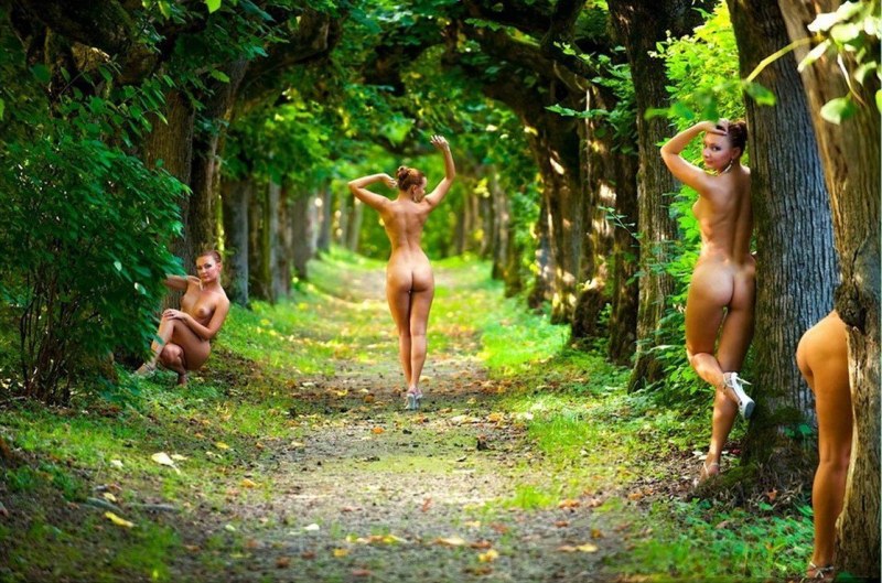 Naked beauties in the park