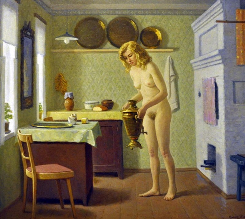 Home naked women in the kitchen