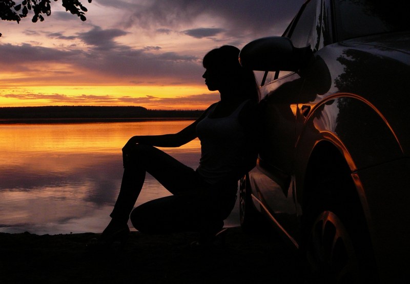 Photo shoot with a car at sunset