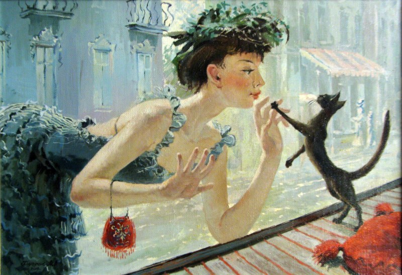 Woman and cat in painting