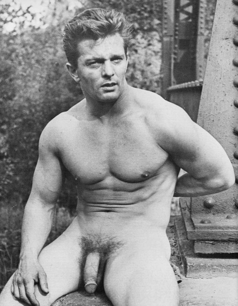 Retro naked guys pitching