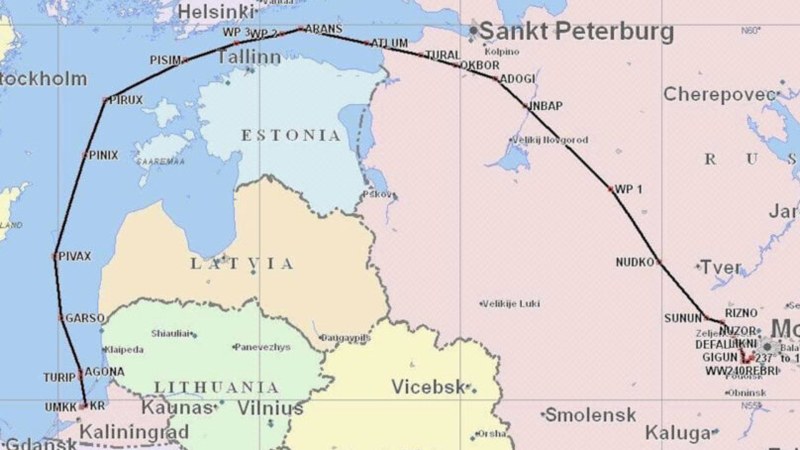 The path of the aircraft from Moscow to Kaliningrad