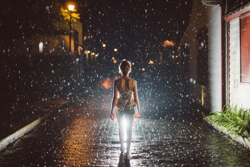 Girl in the rain in the city