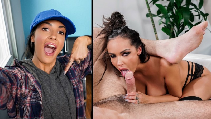 The girl watches the blowjob