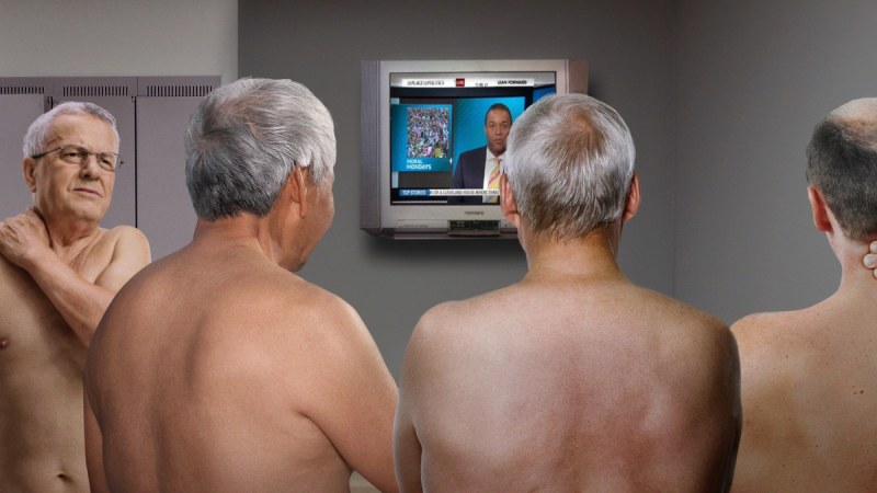 Elderly nudists with young