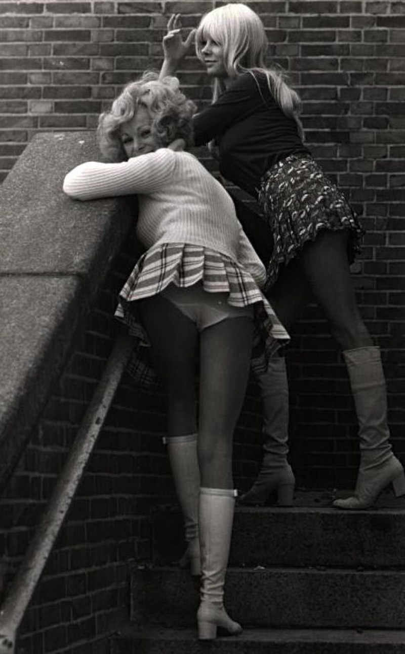 Grandmothers in pantyhose under the skirt