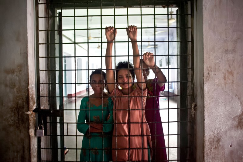 Bed with belts in psychiatry