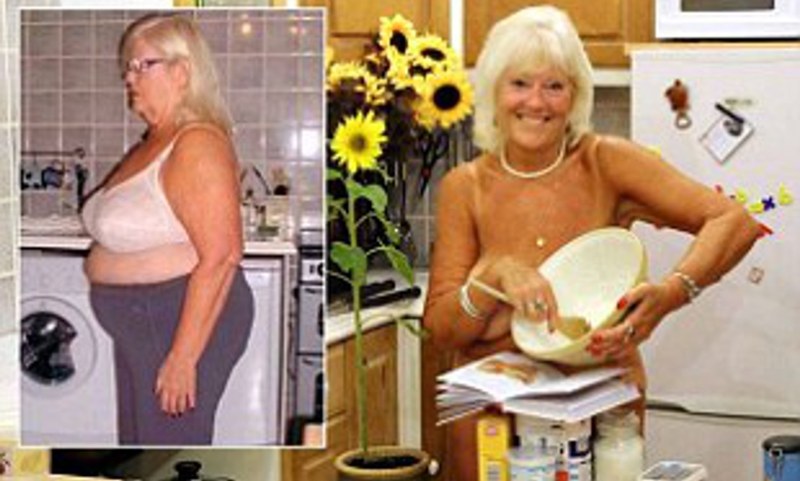 Naked grandmother in the kitchen