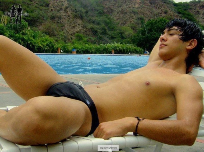 Young men in swimming trunks