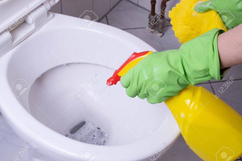 The cleaning lady in rubber gloves washes toilet