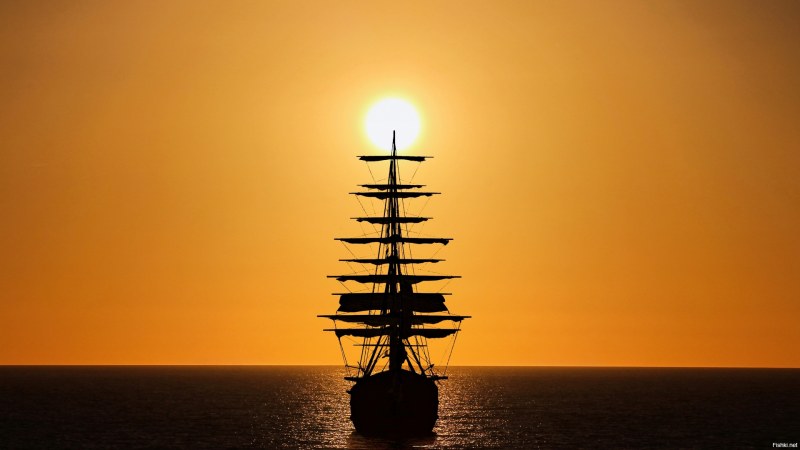 The ship floats to the sunset