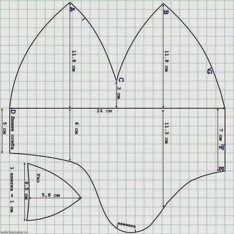 Pattern of a baby hat with ears from fleece pattern