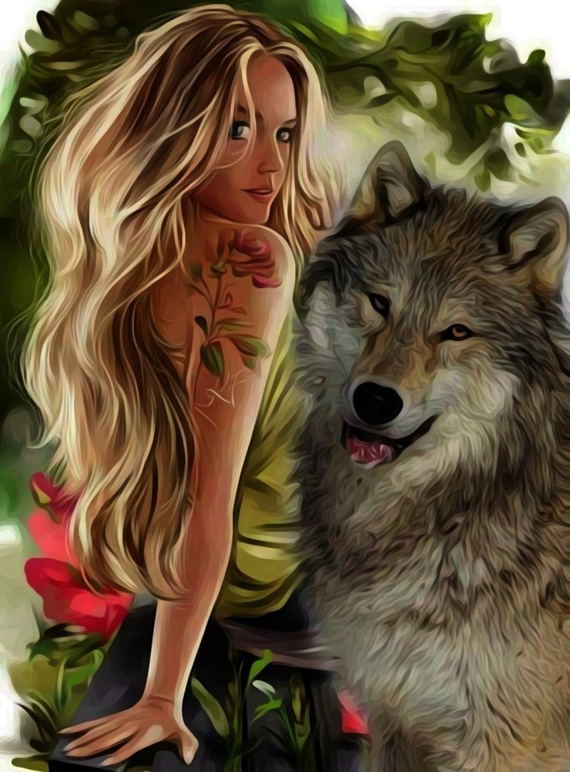 Beautiful girl with a wolf