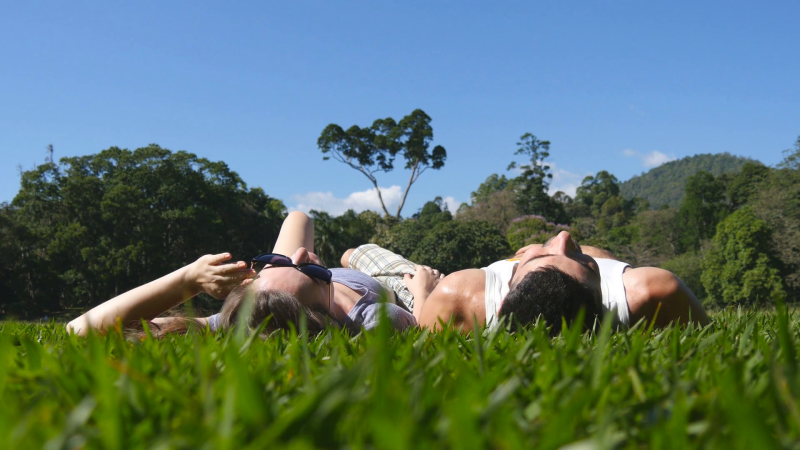 The guy and the girl are lying on the grass