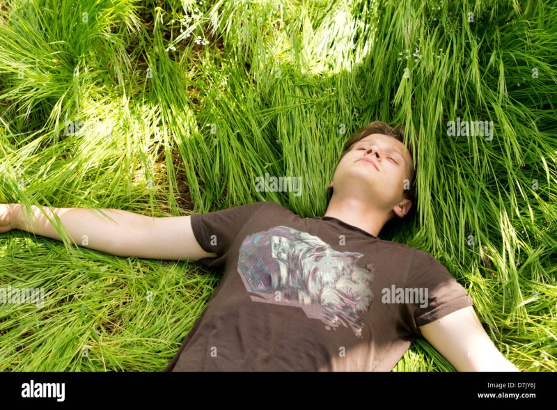 A man lies in the grass with his hands spread