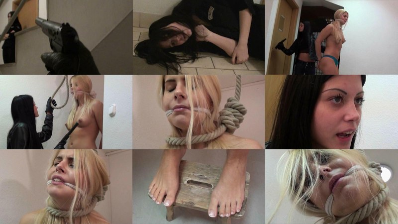 Naked women suspended by the legs